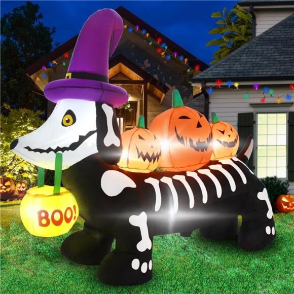 5 FT Halloween Inflatables Outdoor Decorations, Skeleton Dog and Three Pumpkins - Picture 1 of 8
